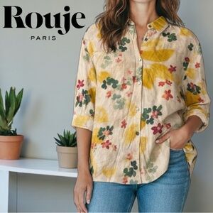 Rouje Damas Paris Boho Floral Linen Blouse Earthy Mustard Leaf Puffy 3/4 Sleeve
